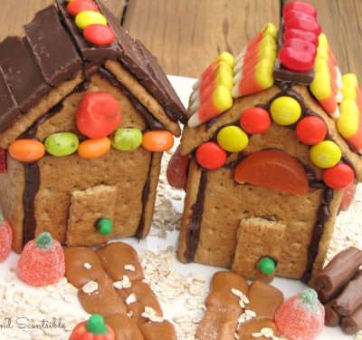 Cute Thanksgiving or fall house made from graham crackers and left over Halloween candy - great way to use up your candy stash!