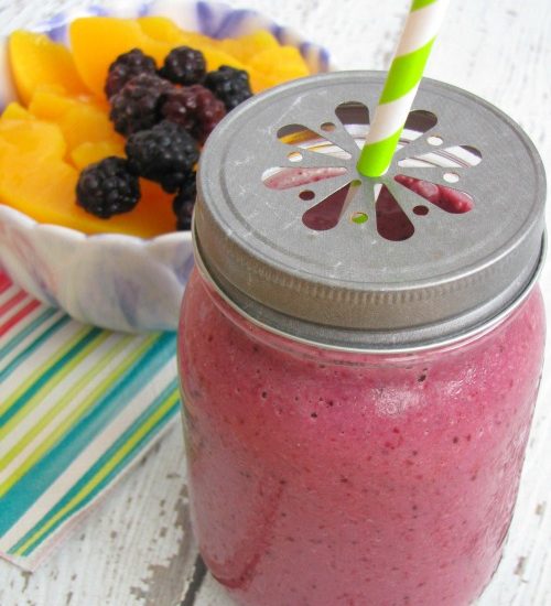 Blackberry Peach Smoothie. You can always substitute other berries too but the blackberries provide a nice tart taste so it is not too sweet.