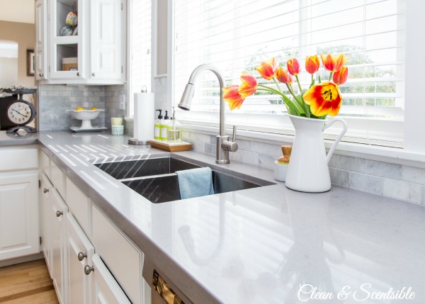 Simple and functional ideas for organizing under the kitchen sink and other kitchen cleaning supplies.