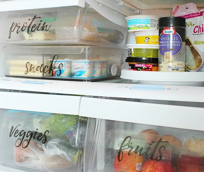 Free printable fridge labels on fridge bins.