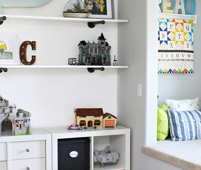 Kids Bedroom Organization. Reading nook and Ikea storage unit to keep toys organized.