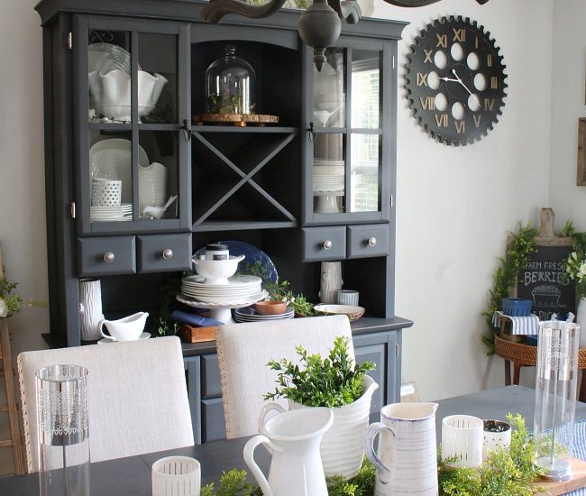 Farmhouse style dining room with blue, white, and greens.