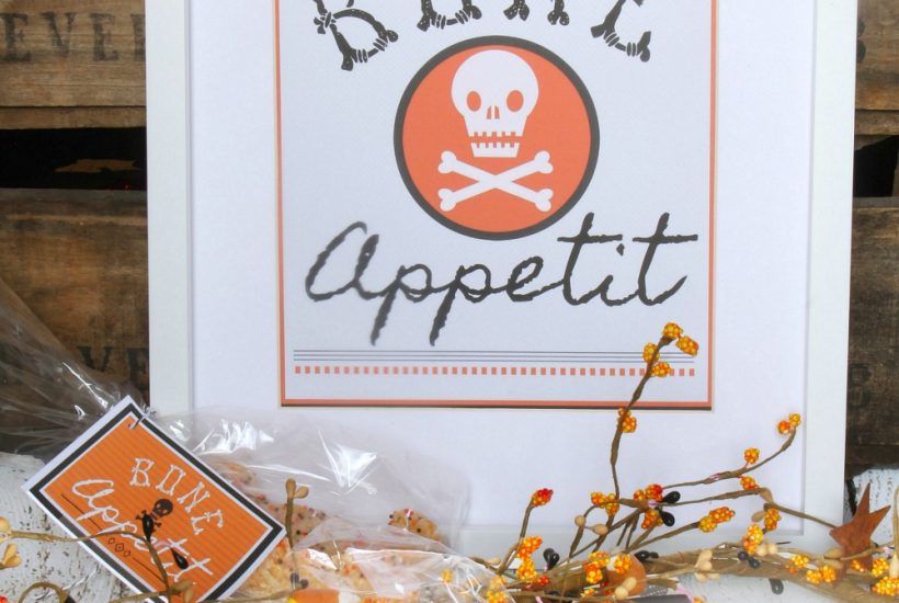 Bone Appetit free Halloween printable displayed in a frame with smaller bag toppers in front.