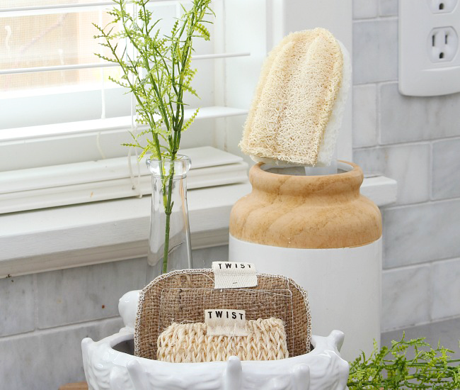 Cleaning supplies organized in cute soap dish.