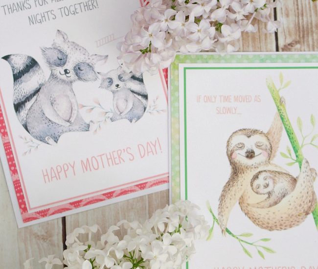 Free printable Mother's Day cards with watercolor animals.