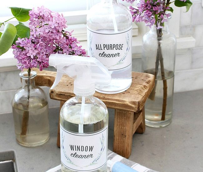 Glass spray bottles with free printable cleaning labels.