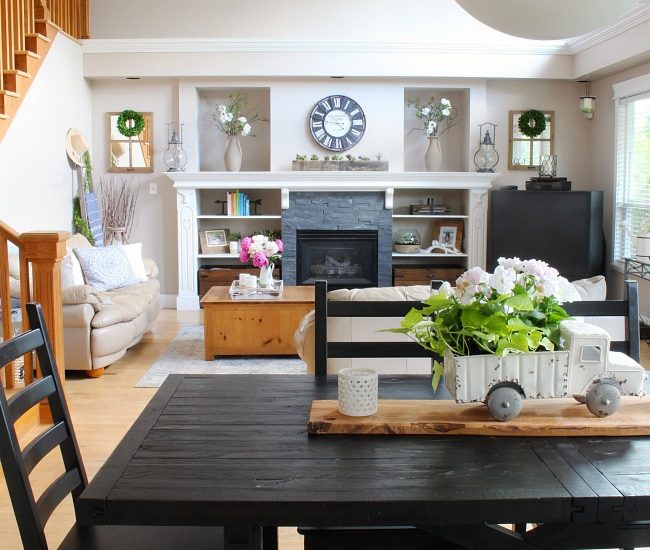 Farmhouse style family room with an open floor plan.