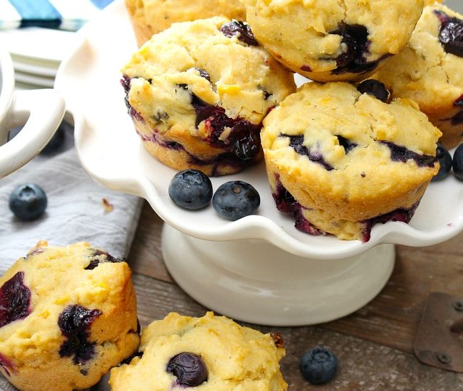 Blueberry Cornmeal Muffin Recipe. Cornmeal blueberry muffins on a pie plate.