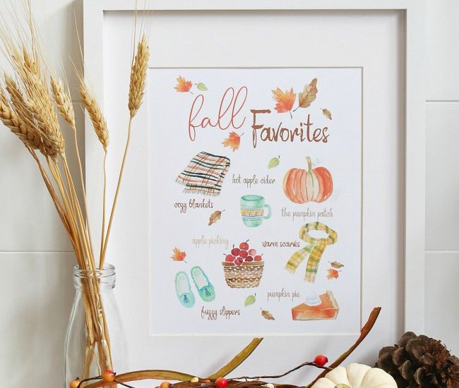 Fall Favorites printable with watercolor images of favorite fall activities and items.