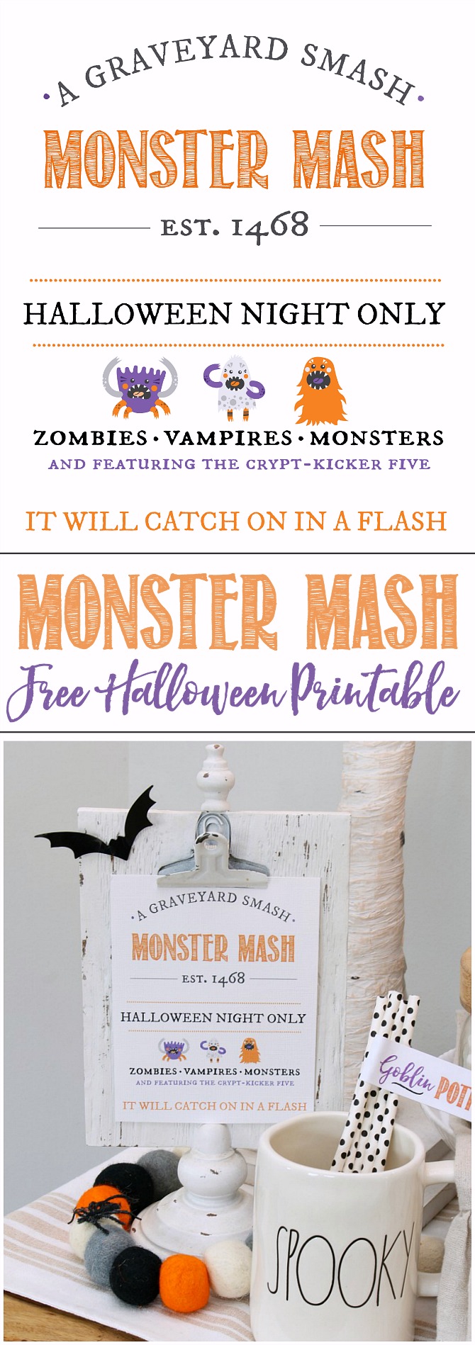 Monster Mash Free Halloween Printable displayed on a clipboard.