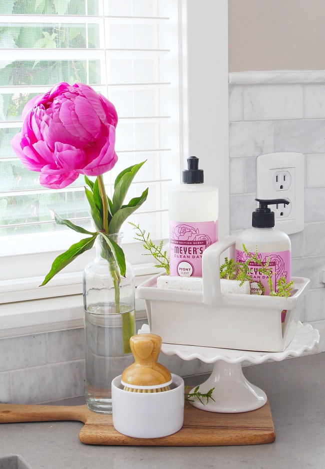 Cute way to display cleaning supplies beside a sink using a cake stand.