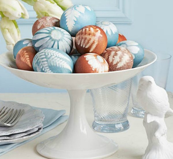 Botanical Easter eggs in a pedestal bowl.