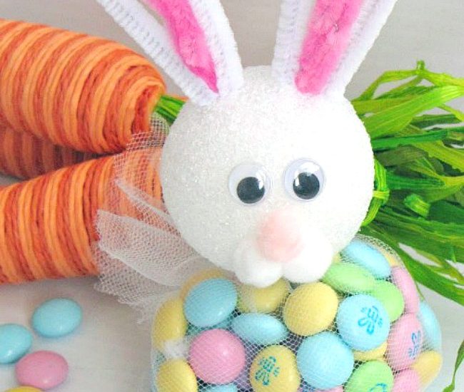 DIY Easter bunny treats using Easter colored M&Ms and some basic craft supplies.