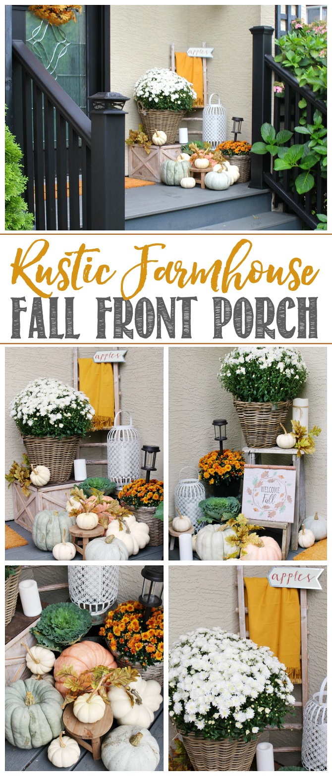 Simple ideas to add a rustic farmhouse feel to your fall front porch using beautiful fall colors, mums, and pumpkins.