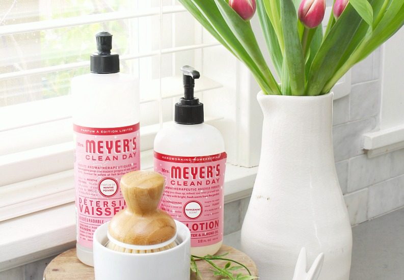 Dish soaps and scrub brush on a cake stand by the kitchen sink.