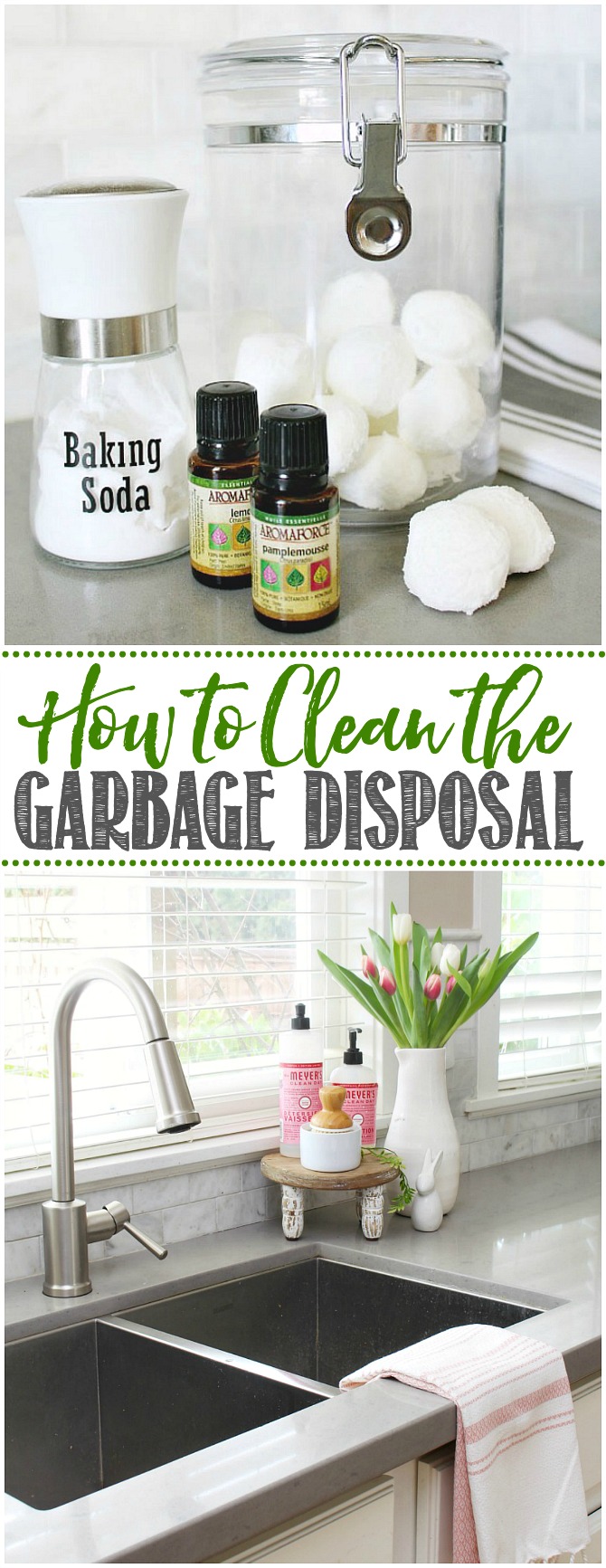 How to Clean the Garbage Disposal. DIY Garbage disposal cleaning pods in a farmhouse style kitchen.