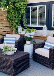 Club house patio chairs on an outdoor patio.