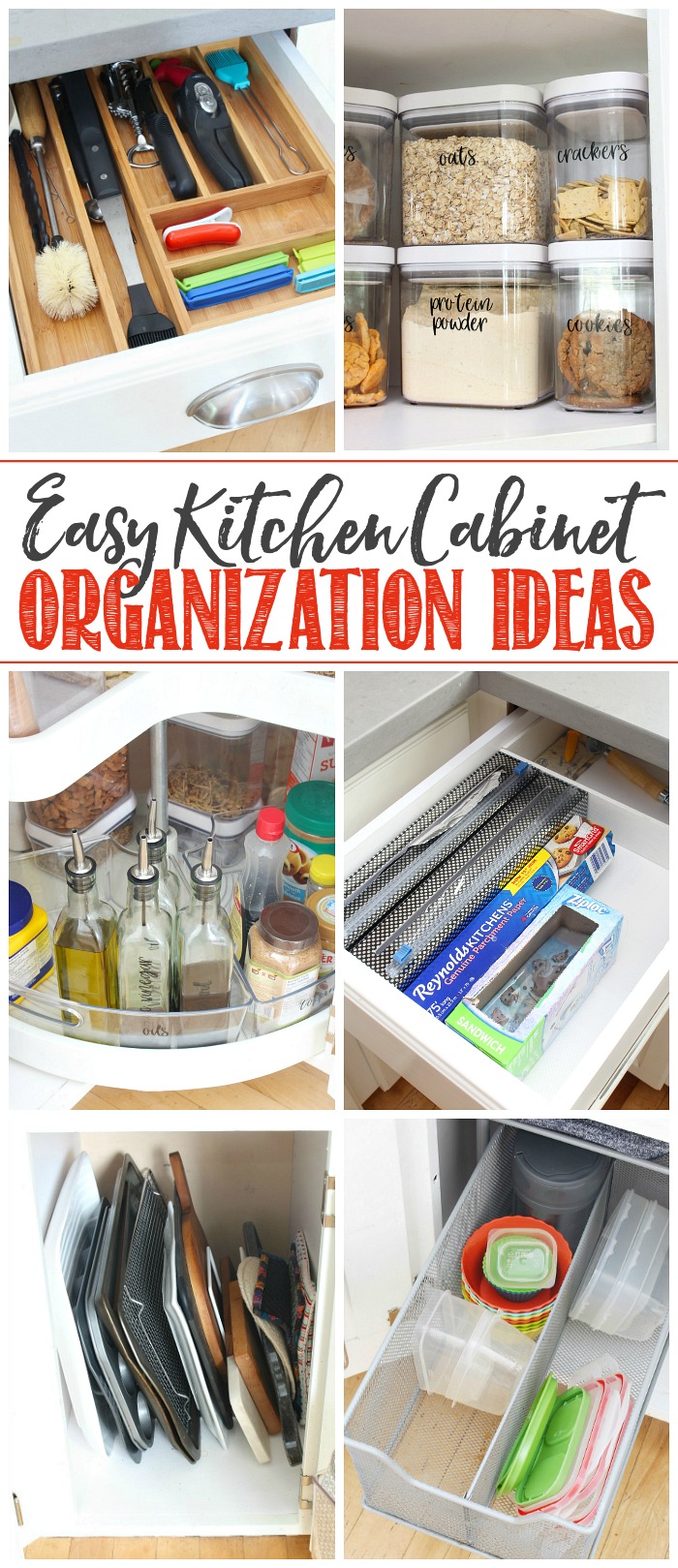 Collage of easy kitchen cabinet organization ideas.