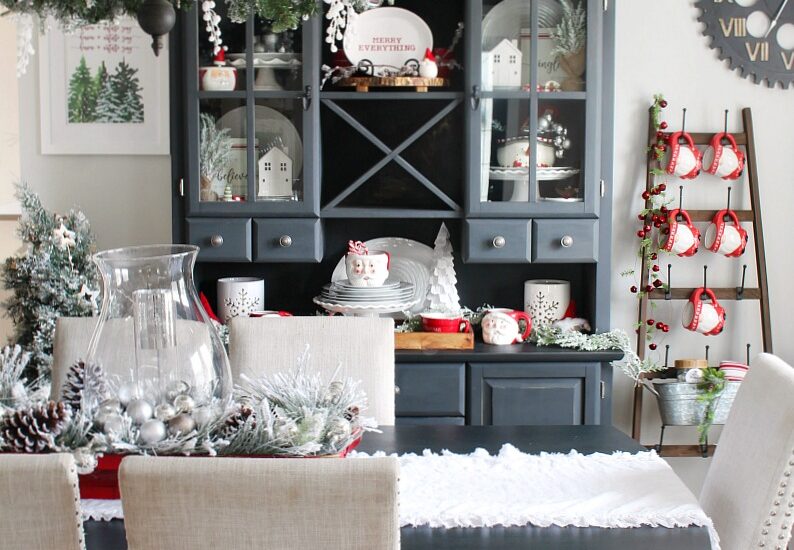 Beautiful Christmas dining room decorated with fun red and white touches.