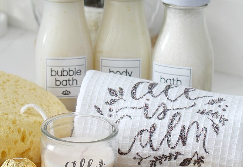 Beautiful DIY spa holiday gift basket with personalized towels and custom spa labels.