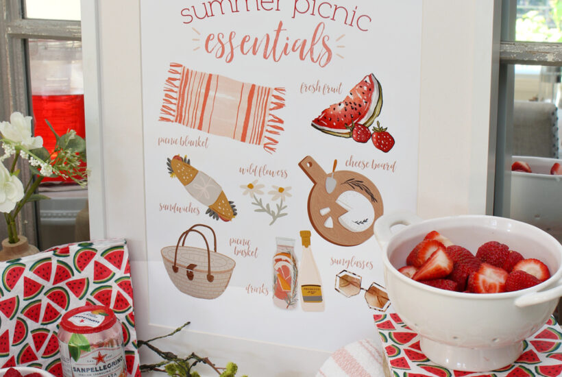 Summer Picnic Essentials free printable displayed on a side board.