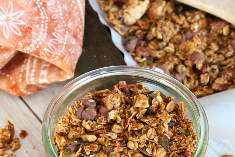 Homemade pumpkin spice granola in a Wick jar.