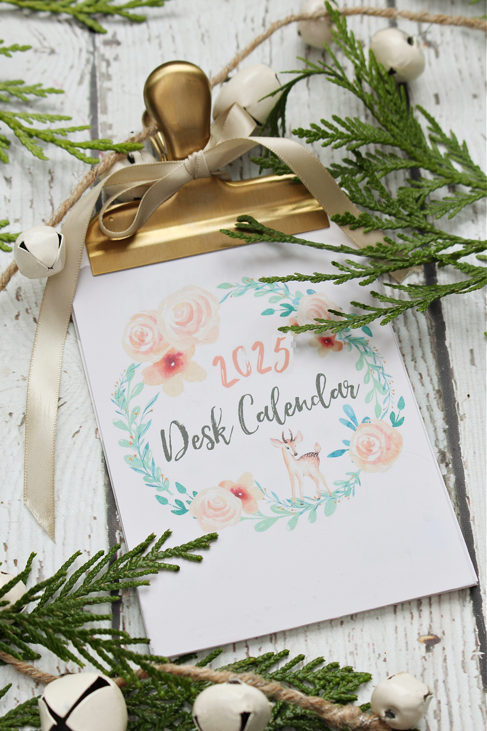 2025 DeskTop Calendar Coverpage with pretty watercolor design with flowers and deer.