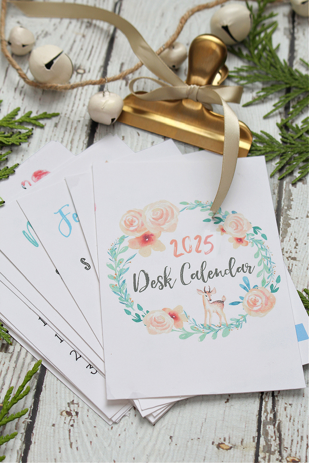 2025 DeskTop Calendar Coverpage with pretty watercolor design with flowers and deer.