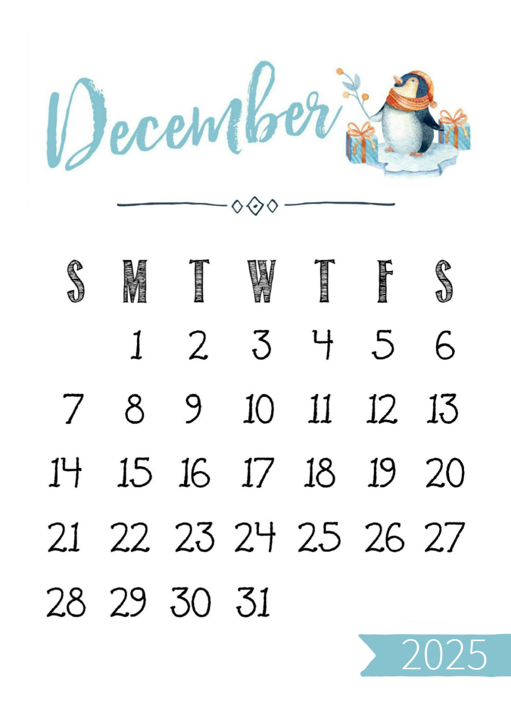 Month of December from a 2025 free printable calendar. Cute watercolor penguin design. 