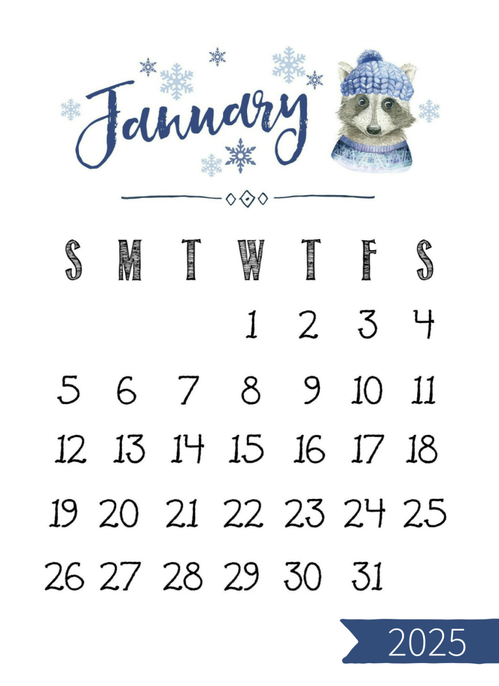 Month of January from a 2025 free printable calendar. Has a watercolor raccoon design in blues.