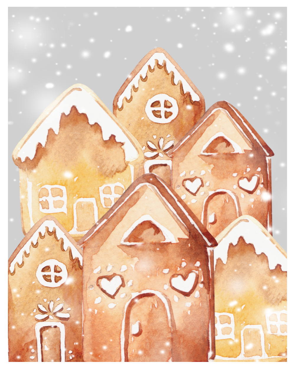 Free printable gingerbread village printable with 6 houses and snowy skies.